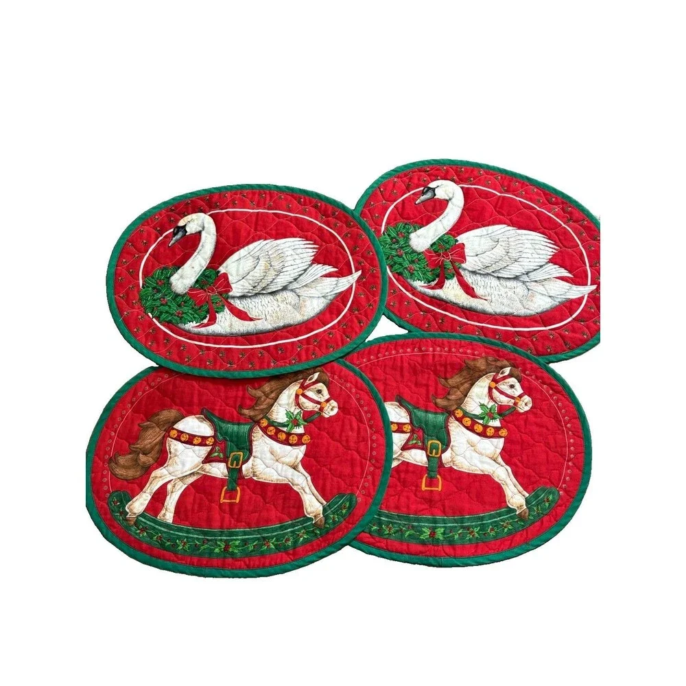 Vintage 80s Christmas Placemats 4 Swan Goose Horse Retro Cottagecore Country